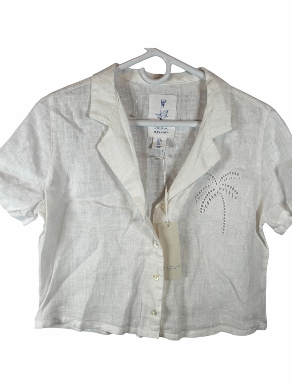 Calypso St Barth White Linen Palm Tree Button Front Crop Top Size S NWT